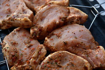 Raw pickled pork meat. Pork meat prepared for barbecue. Raw kebab. Seasoned meat.