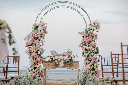Wedding set up on beach. Beautiful tropical outdoor ceremony or party with ocean view. Destination weddings concept
