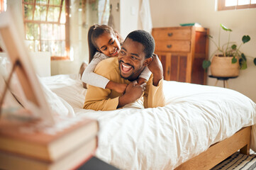 Happy, playing and father and daughter in bedroom for bonding, support and affectionate. Smile,...