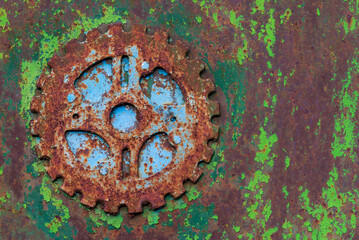 OLD METAL GATE GREEN  BLUE PAINT MECHANISM  CIRCLE RUSTY.