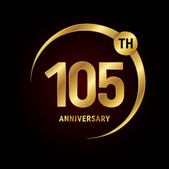 105th anniversary. Anniversary logo design concept with golden ring for anniversary celebration event, invitation card, greeting card, banner, poster, flyer, book cover. Logo Vector Template