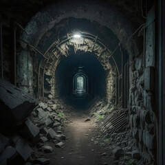 Obraz premium Abandoned dark tunnel with light at the end. Generative AI illustration with copy space