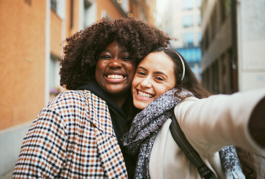Women, bonding or selfie portrait in travel holiday or sightseeing vacation in London city, road or street. Smile, happy or fashion friends in photography pov on social media, profile picture or blog