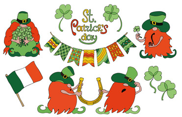 Set of St. Patricks Day traditional symbols and  Irish groovy Gnomes. Irish holiday concept clipart. 10 single elements  isolated on transparent background. 