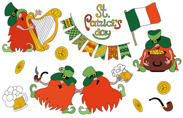 Set of St. Patricks Day traditional symbols and  Irish groovy Gnomes. Irish holiday concept clipart. 10 single elements  isolated on transparent background. 