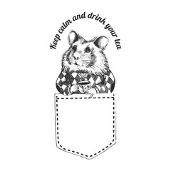 A portrait of a hamster in a sweater drinking tea. Vector illustration of animal. Motivational quotes keep calm and drink your tea