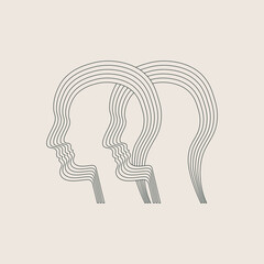Two intertwined human heads. Concept of empathy and interpersonal relationships. Line design, editable strokes. Vector illustration.