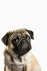 Photo studio of a Pug Pet in white background, Dog portrait, Generative AI
