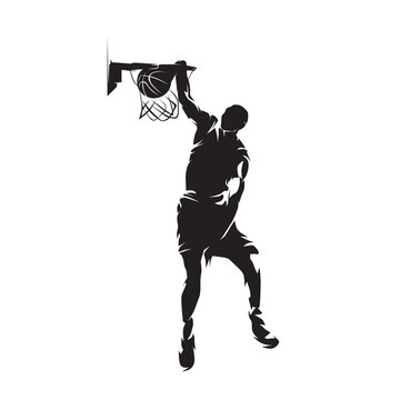 recommend clip art: Basketball player, slam dunk, isolated vector silhouette, ink drawing