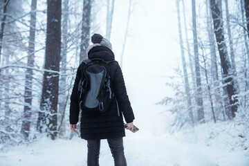 a person walking in the winter forest in the fog, a tourist in the forest