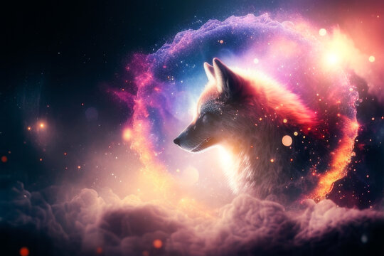 Loup dans la galaxie et les &eacute;toiles illustration fantastique. Generative AI.