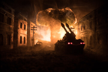 Rocket launch with fire clouds. Battle scene with rocket Missiles with Warhead Aimed at Gloomy Sky...