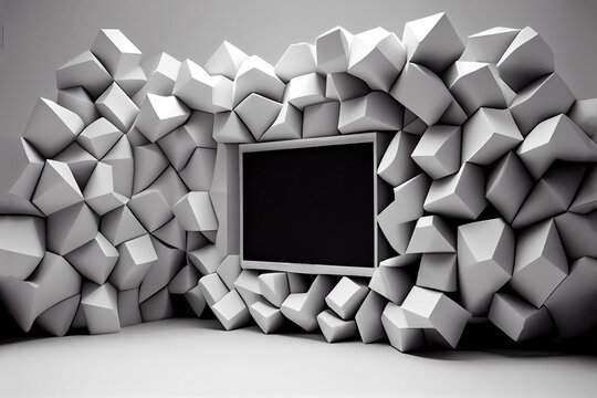Futuristic 3d TV, texture, wall decoration. white background, white cubes, high resolution generative ai