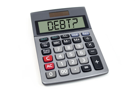 Calculator with business message debt isolated on white background
