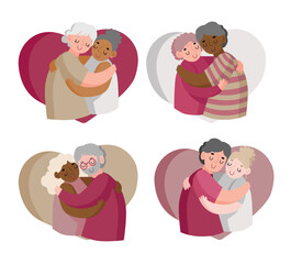 set of illustration, couple of old people hugging each other for valentine's day 
