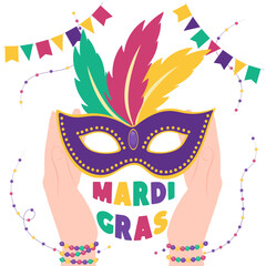 Mardi Gras greeting card. Women's hands hold a carnival mask.