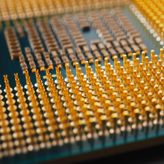 Fototapeta premium Microprocessor of computer closeup. Semiconductor, pins and connectors. Electronic and computing detail. Digital technologies. Semiconductor technology. Science and data. Square illustration. Macro