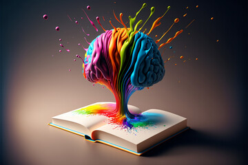3d render book and colorful brain splash Brainstorm and inspire concept 3d illustration
