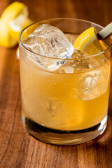 Whiskey sour. Classic Cocktail. Mixed drink with whiskey, lemon juice, sugar, and optionally, a dash of egg white. It is a type of sour, a mixed drink with base spirit, citrus juice, and a sweetener. 