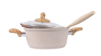 Beige spotted kitchen pan and knife side view. Knife and pan png Isolated with transparency - 563988985