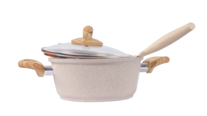 Beige spotted kitchen pan and knife side view. Knife and pan png Isolated with transparency