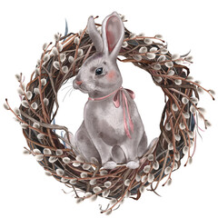 Easter bunny in a wreath of willow twigs. - 563989334