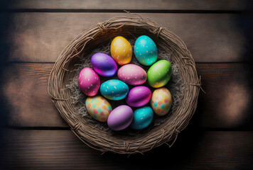Fototapeta na wymiar Basket of colorful Easter eggs on wooden background. Generative AI