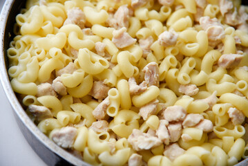 Boiled vermicelli with pork meat. Delicious meat breakfast. Vermicelli with meat.