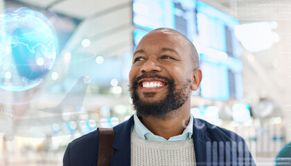 Smile, travel or happy black man in an airport for an international conference, seminar or global...