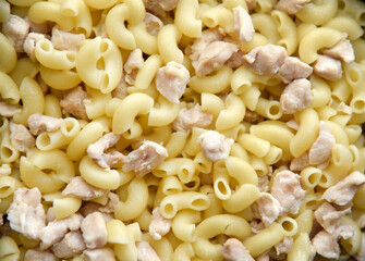 Boiled vermicelli with pork meat. Delicious meat breakfast. Vermicelli with meat.