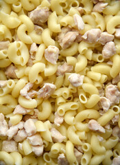 Boiled vermicelli with pork meat. Delicious meat breakfast. Vermicelli with meat.