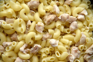 Boiled vermicelli with pork meat. Delicious meat breakfast. Vermicelli with meat.