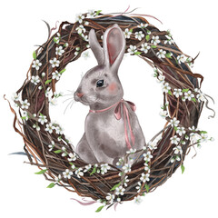 Easter bunny in a wreath of twigs and with small apple blossoms. Spring design - 563989387