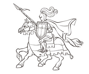 Medieval armed knight with shild and spear riding horse hand drawn illustration. Doodle vector isolated illustration. One line sketch.
