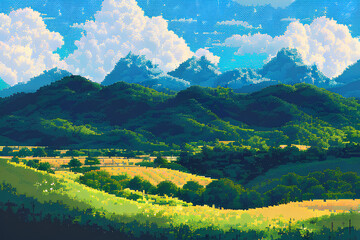 Landscape with mountains and a blue sky (Pixelated)