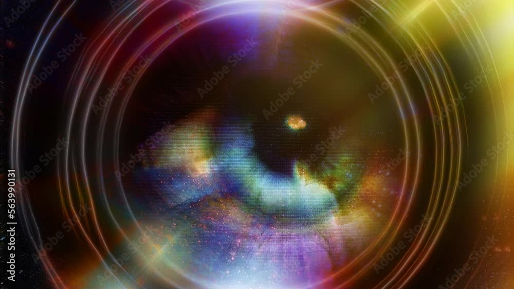 Poster woman eye and cosmic space with stars and circle light. abstract color background, eye contact. loop