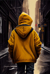 Kid in yellow jacket, view form behind, copy space