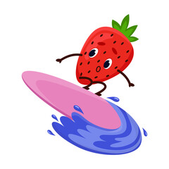 Juicy ripe juicy strawberries fruit on surfboard conquers wave. Cheerful fruit is engaged in extreme sports. Cartoon Vector isolated on white background