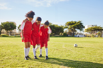 Children, soccer and girl team help, support and walking with injured friend at soccer field. Sports injury, kids and football player group helping, holding and carrying player for football accident © Nina/peopleimages.com