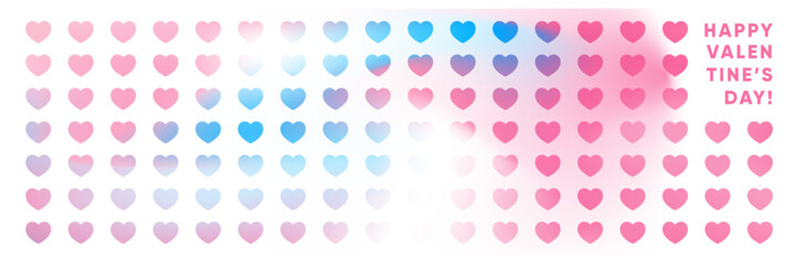 Happy Valentine's Day gradient horizontal banner, greeting card or background with cute neon heart pattern. Aesthetic design for event promo, decor, sales, invitation, wedding, packaging, print.
