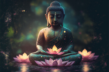 Buddha statue in the water with lotuses. AI generation - obrazy, fototapety, plakaty
