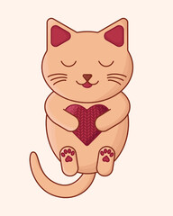 Ilustration of a cute cat with a knitted heart on a light background.