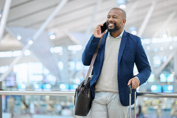 African businessman, phone call and airport with excited smile, luggage and conversation for...