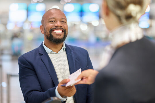 African businessman, ticket and woman at airport with excited smile, customer support and help for global travel. Corporate black man, concierge and happy for business trip, immigration or networking