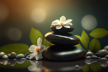 Black smooth stones and jasmine flowers in water. AI generation