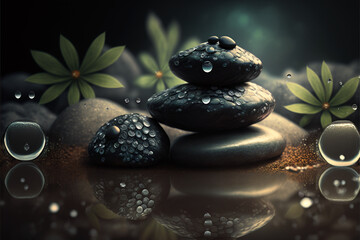 Obraz na płótnie Canvas Black smooth stones and jasmine flowers in water. AI generation