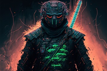 A warrior samurai in a futuristic suit, cyberpunk art, computer art, ninja outfit, highly detailed Illustration, Generative AI