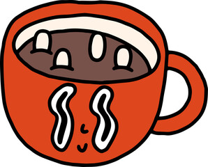 Valentines day retro 90s party element clipart. Red cup with hot chocolate with marshmallow 50s, 60s old animation style. Vintage comic romantic png. Cheerful, happy emotions. Isolated