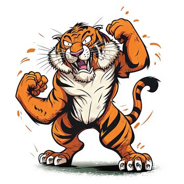 recommend clip art:  a cartoon tiger flexing his muscles with his paw up and his eyes closed and his mouth wide open, with his right hand on his hip, and left side, and his left. , AI
