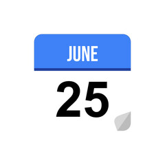 25 June calendar date icon on transparent background